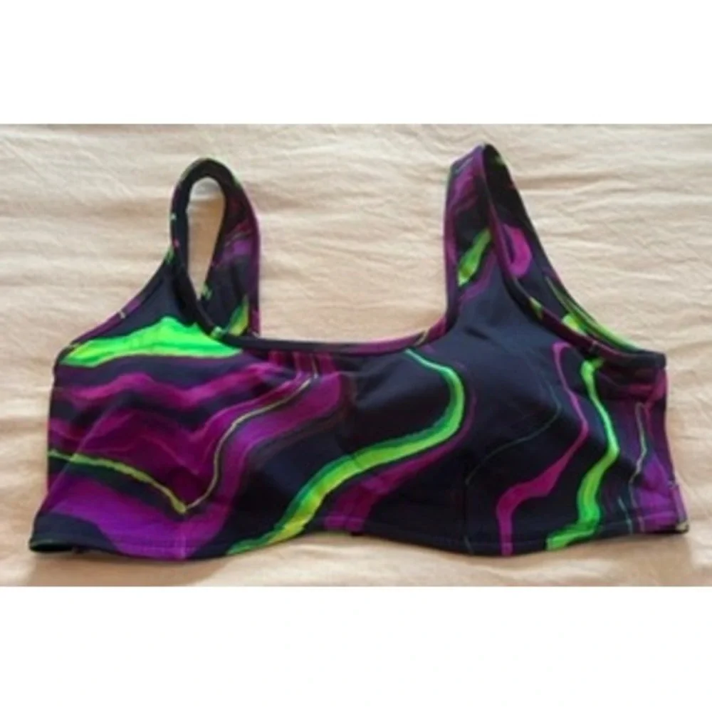Athleta Purple Lime Green Marble Swirl Bikini Top 2X Sporty Swim Square Neck